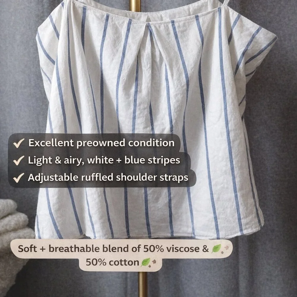 River Island White Blue Striped Camisole Top Size 12 Ruffle Strap Cotton Viscose - Picture 2 of 6